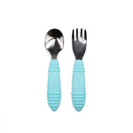 Bumkins Baby Fork and Spoon Set, Toddler Silverware, Self Feeding, Silicone and Stainless Steel