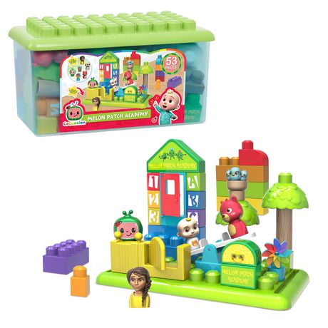 CoComelon Patch Academy, 53 Grands Blocs de Construction avec 6 Figurines de Personnage CoComelon Melon Patch Académie