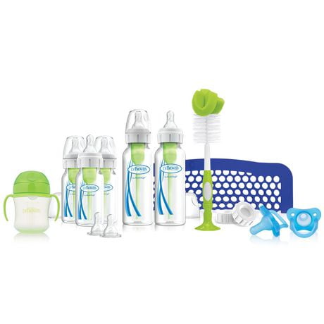 Dr. Brown’s® Natural Flow Anti-Colic Options+ First Year Feeding Set with Newborn Baby Bottles, Soft Spout Transition Cup, Bottle Cleaning Brush and 100% Silicone HappyPaci™ One-Piece Pacifiers, 14 pieces