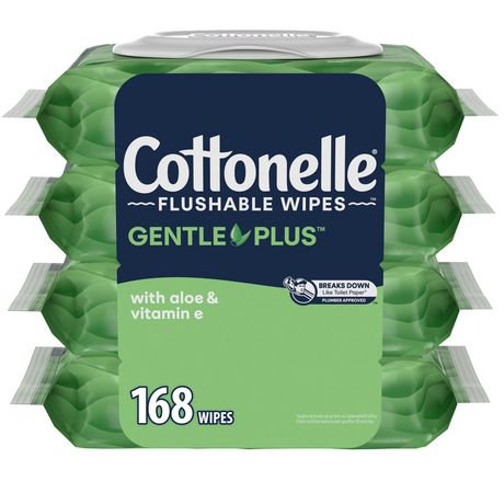 Cottonelle GentlePlus Flushable Wet Wipes with Aloe & Vitamin E - 4 Flip-Top Packs, 42 Flushable Wipes per pack, 168 Total Flushable Wipes, 4 Flip Top Pk, 168 Wipes