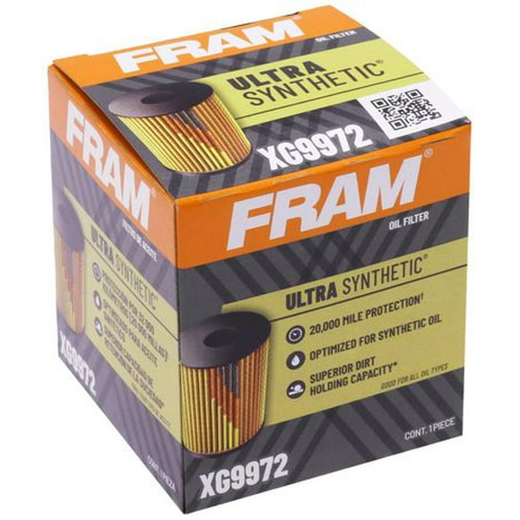FRAM® Ultra Synthetic™ XG9972 Oil Filter, Dual layered, synthetic and cellulose media is reinforced with a metal screen for longer drain intervals and 99% dirt-trapping efficiency