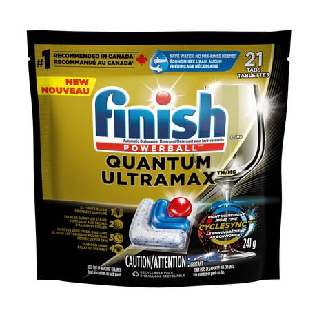 Finish Quantum Ultramax dishwasher detergent pods with Cyclesync*, for the Ultimate Clean even in the toughest condition, No pre rinse needed, 21 count
