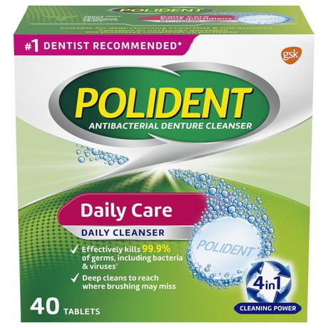 Polident Daily Denture Cleaner, 4 in 1 Cleaning System, Stain and Plaque Remover, Triple Mint Fresh, 40 Tablets, 40 tabs Triple Mint Fresh