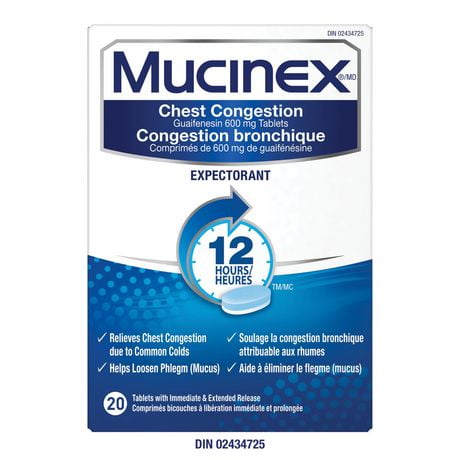 Mucinex Congestion Bronchique Comprimés de 600 mg de Guaifénésine Expectorant (médicament contre la toux) 20ct