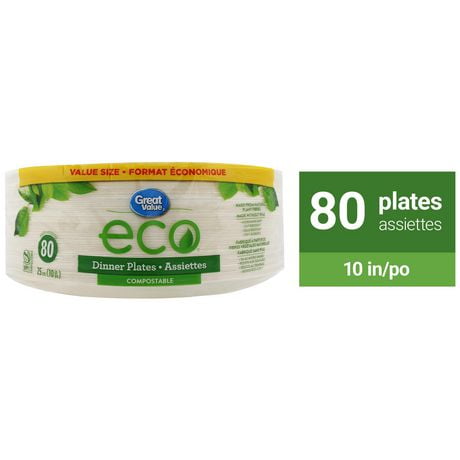 Assiettes compostables Eco Great Value 80 x 25 cm (10 po)<br>Format économique