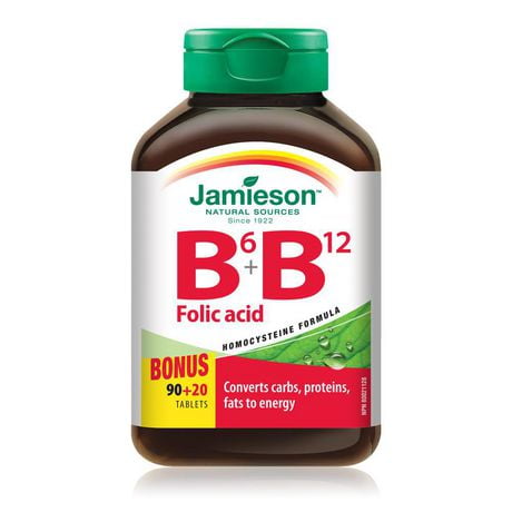 Jamieson Caplets de Vitamine B6 + B12 et Acide Folique 90 + 20 comprimés