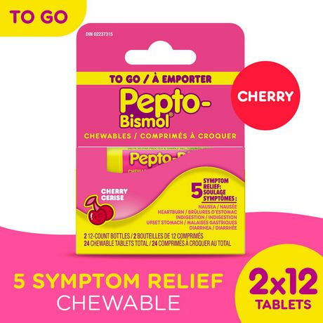Pepto To Go Chewable Tablets for Nausea, Heartburn, Indigestion, Upset Stomach, and Diarrhea Relief, Cherry Flavor, 24 Chewable Tablets