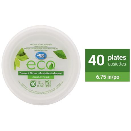 Great Value Eco Compostable Dessert Plates, 40 x 17.1cm (6.75in)