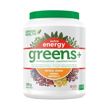 Genuine Health Greens+ Extra Energy, Green Superfood Powder, Non GMO, Natural Orange, 399g, 30 Servings, Natural Orange, 399g