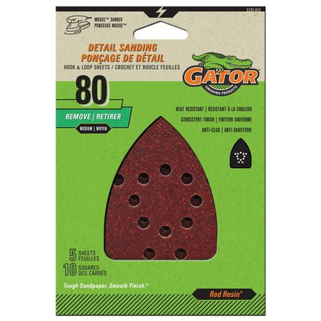 Gator Hook and Loop Detail Mouse Sanding Sheet With Fingers, 5 Pack, 80 Grit