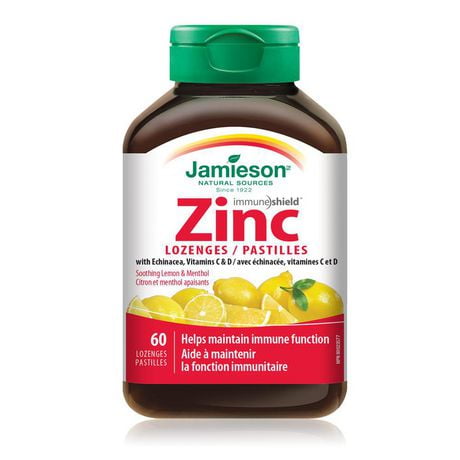 Jamieson Zinc Lozenges with Echinacea, Vitamin C and Vitamin D3 Honey Lemon Flavour, 60 lozenges