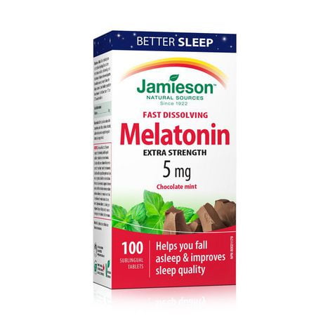 Jamieson Melatonin 5 mg Fast Dissolving Tablets Chocolate Mint Flavour, 100 sublingual tablets