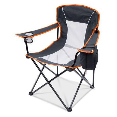 Ozark Trail Oversized Mesh Chair With Cooler that holds 6 cans, side pocket, cup holder and sturdy steel frame, black/blue colour & black/orange colour