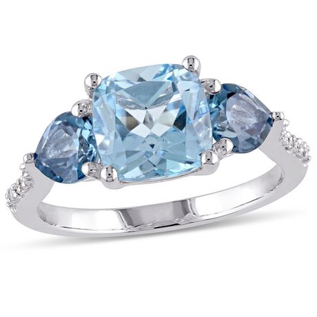Three Stone Oval Blue Topaz /& Diamond Ring Sterling Silver