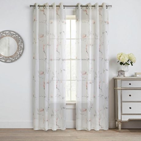 Loft Living Synergy Floral Printed Faux Linen Grommet Single Curtain Panel Semi-sheer 52" x 63" in Coral