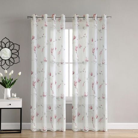 Loft Living Synergy Floral Printed Faux Linen Grommet Single Curtain Panel Semi-sheer 52" x 63" in Coral