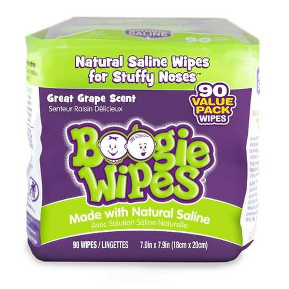 Lingettes avec solution saline douce pour nez de Boogie Wipes senteur raisin, paq de 90
