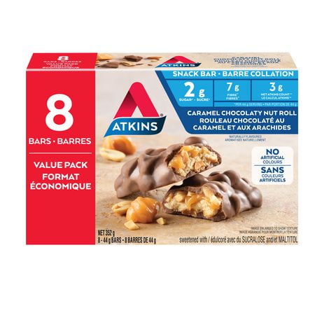 Barre-collation au rouleau chocolaté au caramel et aux arachides Atkins - Format économique 8 barres x 44 g