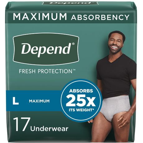 Depend Fresh Protection Incontinence Underwear for Men, Maximum, L, Grey, 17Ct, 17 - 19 Count