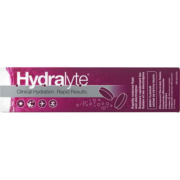 Comprimés effervescents d’électrolytes Hydralyte - Arôme de petits fruits 20 Comprimés solubles (10 portions) 20 Comprimés