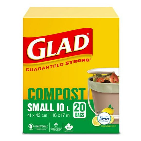 Glad 100% Compostable Bags - Small 10 Litres - Lemon Scent, 20 Compost Bags, 20 Bags, Lemon Scent