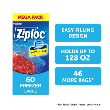 Ziploc® Freezer Bags with Stay Open Technology, Large, 60 Bags