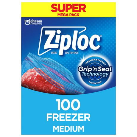 Ziploc® Freezer Bags, Grip 'n Seal Technology for Easier Grip, Open and Close, Medium, 100 Count, 100 Bags, Medium