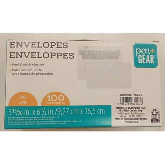 Pen + Gear Enveloppes blanches à peler et coller n°6 , 3 13/20"x 6 1/2" , 100 unité Pen + Gear Enveloppes  n°6