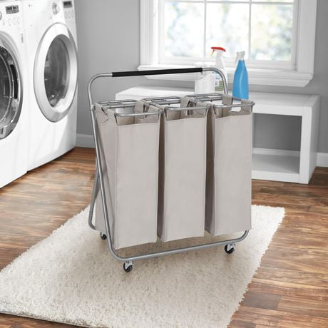Mainstays 3 bin laundry sorters, Heavy-Duty 3-Bag Laundry Sorter Cart, Silver, Product size: 29.5 in. W x 17.2 in. D x 34.8 in. H