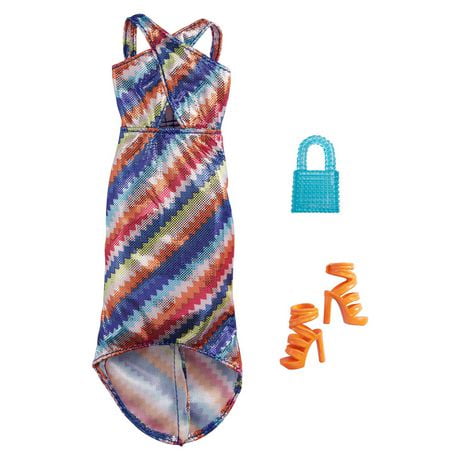 Barbie Fashion Pack with Shimmery Striped Maxi Dress, Blue Purse & Orange Shoes,