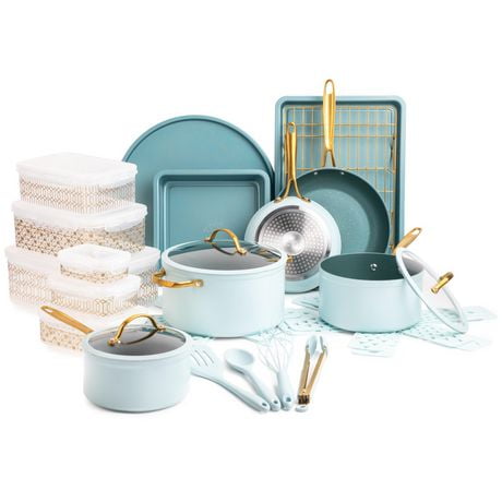 "Thyme & Table 32 Pièces Batterie de Cuisine et Ustensiles de Cuisson Antiadhésifs, Bleu"