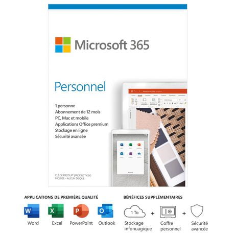 Microsoft 365 Personnel French | Abonnement de 12 mois, 1 utilisateur | Applications Office de première qualité | 1 To de stockage infonuagique OneDrive | Carte PC/Mac