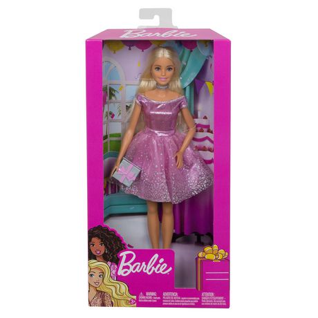 Poupee Barbie Joyeux Anniversaire Blonde Vetue D Une Robe De Fete Rose Etincelante Avec Cadeau Cadeau Pour Les 3 A 7 Ans Walmart Canada