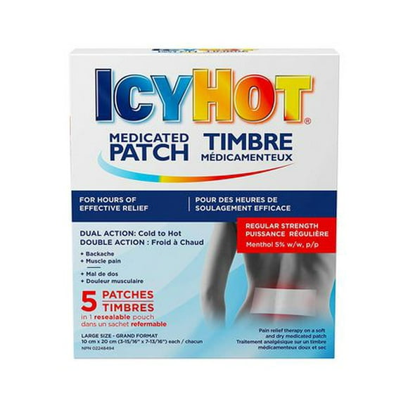Icy Hot Timbre médicamenteux, Lot de 5 timbres patchs médicamenteux - Soulagement durable et efficace des douleurs musculaires et articulaires, Pour les douleurs dorsales les maux de dos, les lombaires, les foulures et les entorses, l'arthrite 5 timbres