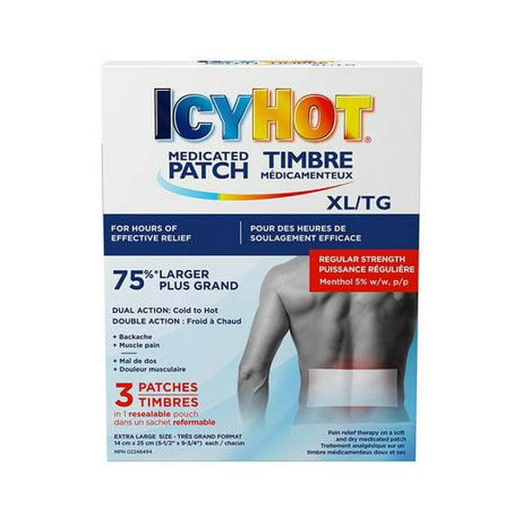 Icy Hot Medicated Patch TG - 3 pièces - Soulagement efficace - Dos et grandes surfaces - Soulage temporairement les douleurs associées aux maux de dos, lumbago, douleurs musculaires, foulures et arthrite 3 timbres TG