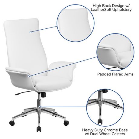 High Back White Leather Executive Swivel Chair with Flared Arms 