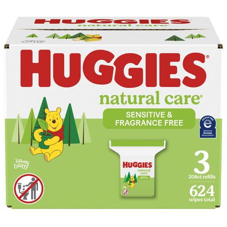 Lingettes pour bébés Huggies Natural Care pour peau sensible, NON PARFUMÉES, 3 recharges, total de 624 lingettes total de 624 lingettes