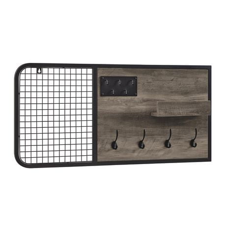 42" Metal and Wood Wall Organizer with Hooks - Grey Wash