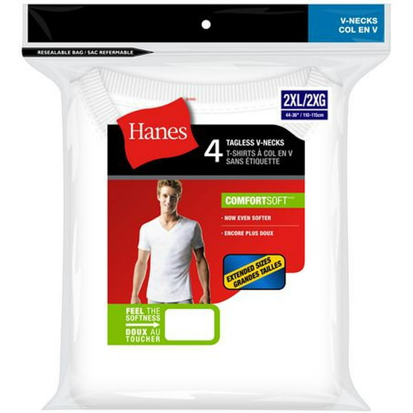 T-shirt sans étiquette Hanes à encolure en V pour hommes en paq. de 4 Tailles 2TG à 3TG