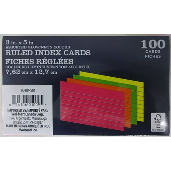 3" X 5"Assorted Neon Ruled Index Cards
