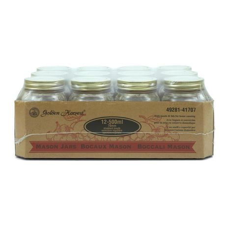 Golden Harvest Regular Mouth 500ml Glass Jars with Lids and Bands, 12 Count, Case of 12