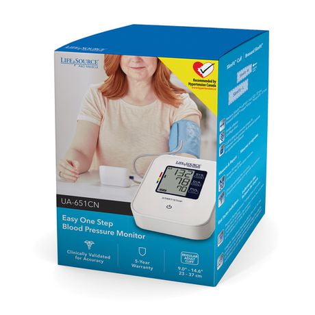 LifeSource Essential Blood Pressure Monitor UA-651CN, Simple one button operation blood pressure monitor with adjustable cuff, 60 reading memory, 4AA batteries and five year warranty.