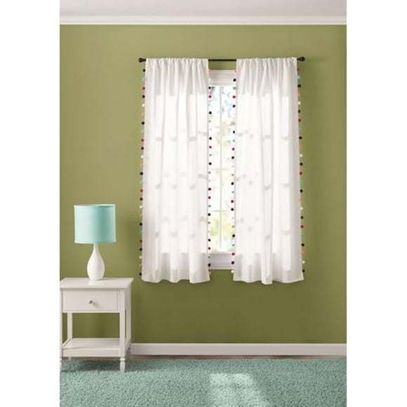 Mainstays White Pom Pom 63" Room Darkening Rod Pocket Window Panel, 1 Panel: 38"x63"