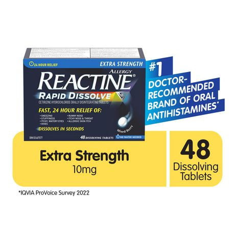 Reactine Extra Fort Dissolution rapide, chlorhydrate de cétirizine 10 mg, Antiallergique/Antihistaminique 48 comprimés