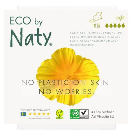 Eco by Naty Certified Thin Sanitary Pads with wings, Night, 12 Boxes of 10 Pads (120 Pads) (Chemical-Free and Unscented)