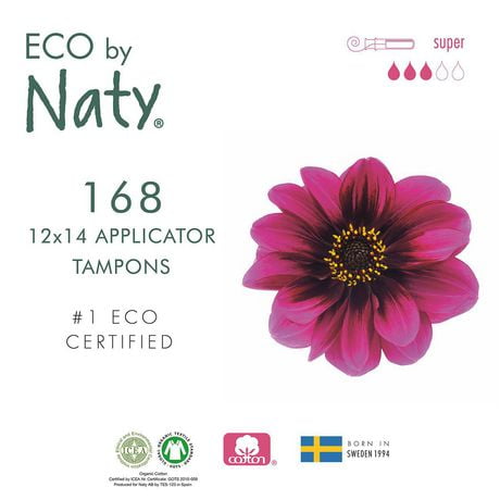 Tampons de coton biologique certifié Eco by Naty avec applicateur de carton, Super, 12 boîtes de 14 tampons (168 tampons)