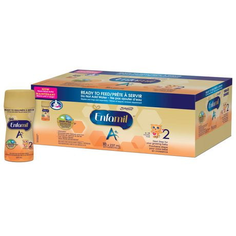 Enfamil A+ 2, Baby Formula, Ready to Feed, Nipple-Ready Bottles, Designed for 6-18 month olds, Contains DHA – an important building block of the brain, 237ml x 18 count, 18 X 237mL