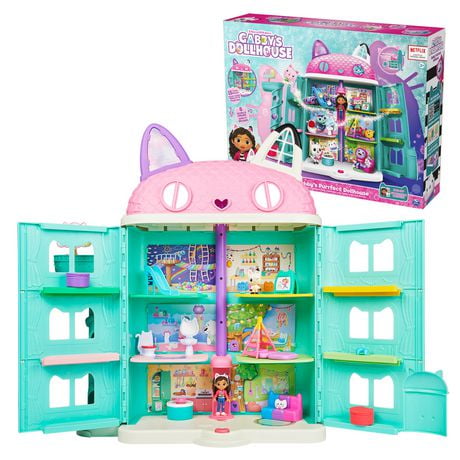 Gabby’s Dollhouse, Purrfect Dollhouse avec 2 figurines jouets, 8 meubles, 3 accessoires, 2 boîtes surprises et sons, jouets pour enfants à partir de 3 ans La maison de poupée de Gabby