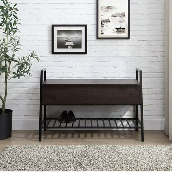 hometrends Foyer Bench with Shoe Rack, Dark Oak, lift top storage & lower shelf