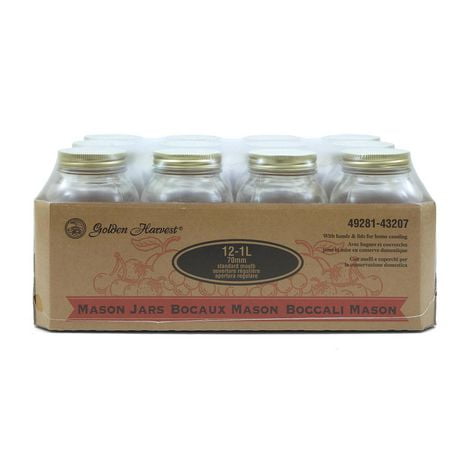 Golden Harvest Regular Mouth 1L Glass Jars with Lids and Bands, 12 Count, Case of 12